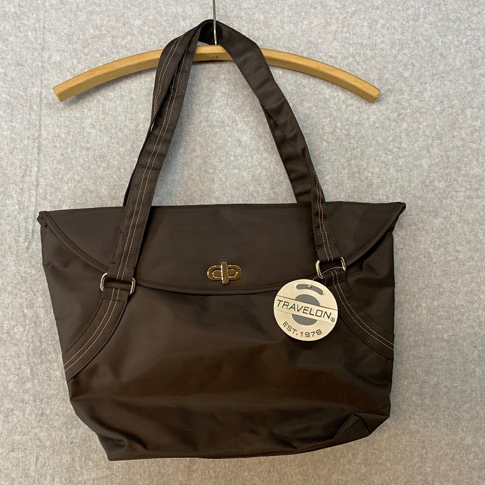 New! Travelon Travel Tote Two Handles Brown Turn Lock Close RFID